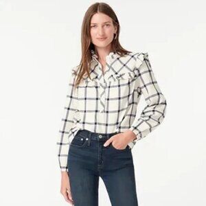 J Crew Ruffle Pop Over Top Long Sleeve White Navy Windowpane Plaid Shirt W Sz S